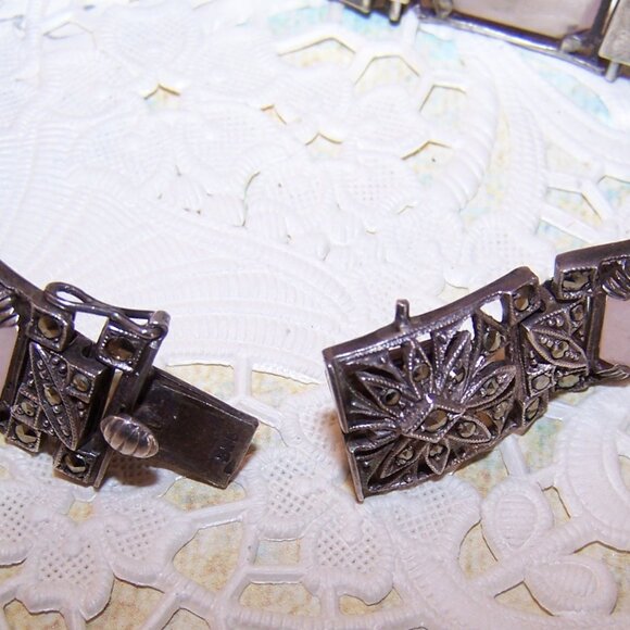 Art Deco European 935 Silver Pink Quartz Marcasite Link Bracelet - Picture 6 of 7